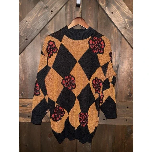 VTG Dana Scott Sweater Womens Sz M Red Gold Metallic Oversized USA - Picture 1 of 4